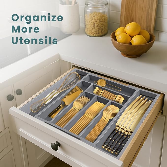 Sben Expandable Drawer Organizer for Utensils Holder, Adjustable Cutlery Tray, 6-8 Slots, Premium Wood Drawer Dividers Organizer for Silverware, Flatware, Knives for Kitchen (Gray)