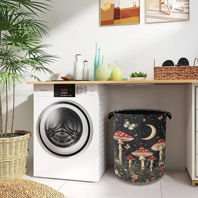 Mushroom Forest Plant Laundry Hamper,Butterfly Moon Dirty Clothes Laundry Basket with Handles Waterproof Oxford Cloth Storage Basket for College Dorms Bathroom Bedroom 16" x 20.8"