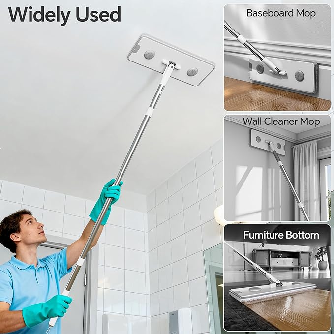 CTIME Large Mop and Bucket Set, Flat Mop and Bucket System, Wall Mop with Adjustable Handle (Max 74 Inches), Mops for Floor Cleaning, 6 Washable 15.74'' Microfiber Mop Pads