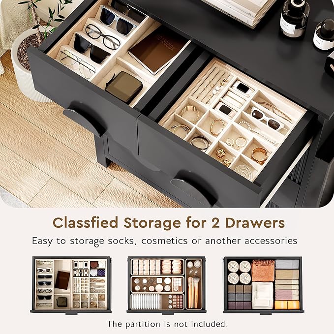 Fluted Dresser for Bedroom with 6 Drawers, 44.5" Tall Chest of Drawers with Raised H Legs and Curved Profile Design, Wood Closet Clothes Storage Organizer for Bedroom, Hallway, Black
