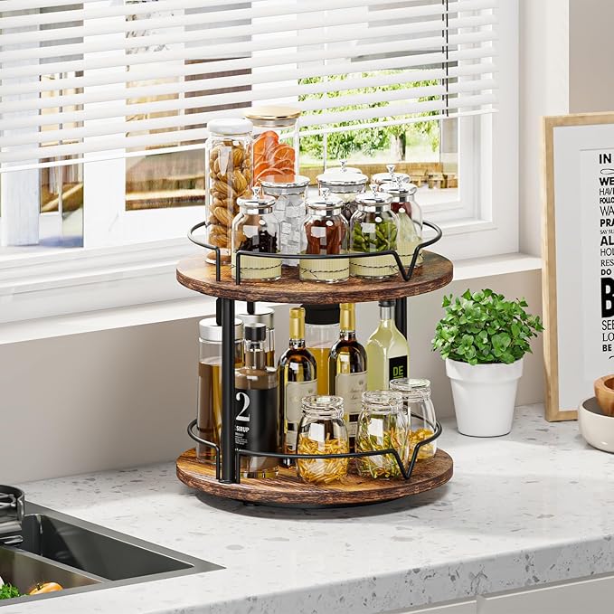 KLM 12" Wood Lazy Susan, Rotating Spice Rack, 2 Tier Spice Turntable Organizer, Industrial Turntable Spice Holder, for Kitchen Countertop and Cabinet, Compact and Versatile, Rustic Brown