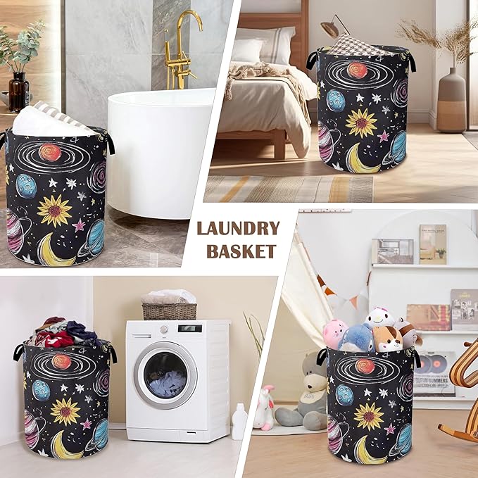 Stars Planets Collapsible Laundry Baskets,Moon Sun Laundry Hamper,Storage Basket with Handles for Bathroom Bedroom College Dormitory Living Room Nursery Organizer 16"x20"