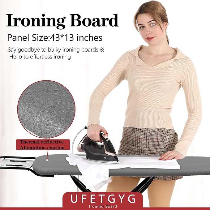UFETGYG Ironing Board,13" X 43" W/with Iron Rest | Full Metal Construction| Height Adjustable | Heat & Scorch Resistant Fabric | Heavy Duty| Easy to Fold | Anti-Skid Feet |Grey