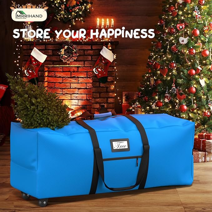 Mrrihand Christmas Tree Storage Bag, Large Artificial Anti-Tear Heavy-Duty 600D Oxford Cloth Xmax Christmas Tree Storage Box with Rolling Wheels, Christmas Tree Storage Container (Bright Blue, 9Ft)