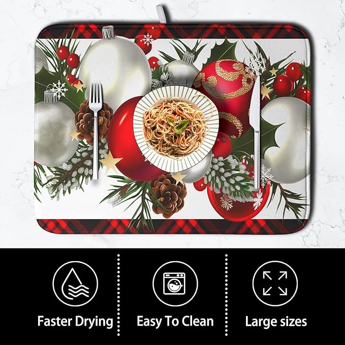 Kwlegh Red Buffalo Plaid Christmas Kitchen Drying Mats for Dishes Xmas Ball Snowflake Pine Cones Dish Drainer Rack Mat Winter Microfibe Absorbent Dish Drying Pad for Home Kitchen Counter Decor 18x24in