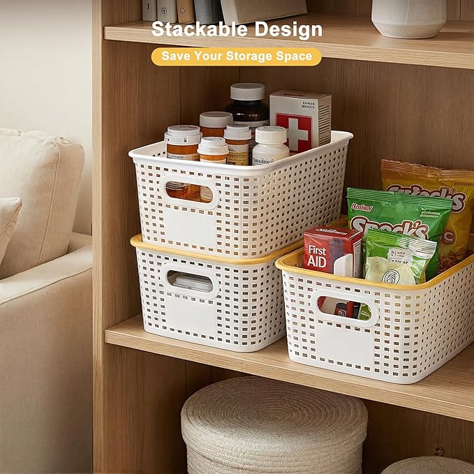 AREYZIN Small Plastic Storage Bins with Lids, 6-Pack Stackable Pantry Organizers and Storage Containers for Shelves, Closet Organization, Drawer Organizer Bins,White & yellow lids