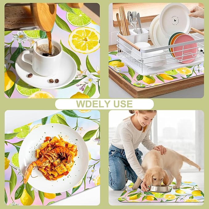 Abstract Yellow Lemons Dish Drying Mat Green Lemon Leaves Kitchen Mat 16"x24" Bsorbent Coffee Maker Mat for Dishes Utensils Coffee Maker Pots and Pans Easy Clean Dish Slip Resistant Pad