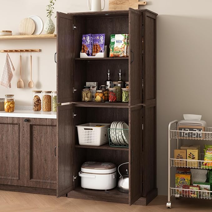 71'' Tall Pantry Cabinet, Farmhouse Kitchen Pantry Storage Cabinet with Barn Door and Adjustable Shelves, Rustic Wood Freestanding Cupboard Storage Organizer for Kitchen, Dining Room, Brown