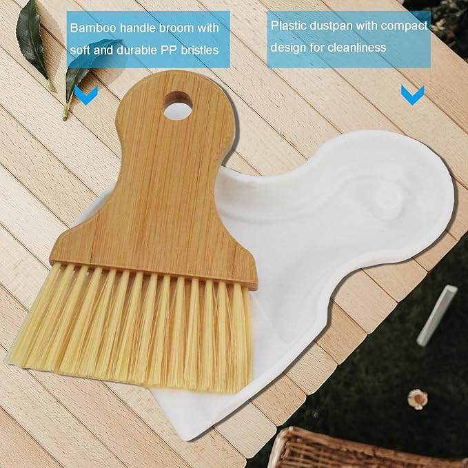 Mini Broom and Dustpan Set Portable Hand Broom with Bamboo Handle Small Crumb Sweeper for Home, Bathroom, Kitchen, Car Interior, Office, Pet Areas (White)