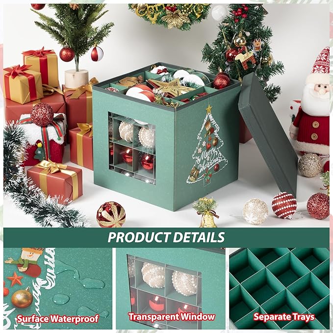 Premium Waterproof & Dustproof Christmas Ornament Storage Box with lid - Holds Up to 64 Ornaments Decoration Balls, Adjustable Dividers, Large Foldable Storage Case for Sundries or Clothes