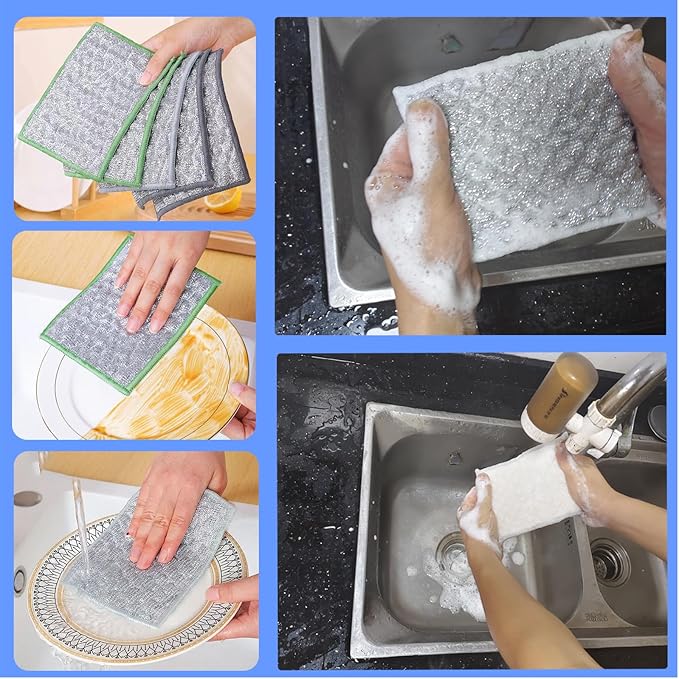 New thickened double-sided metal wire dishwashing cloth, suitable for both dry and wet use, scratch free dishwashing cloth, suitable for kitchen cleaning, cookware, tableware, sink (5 pieces)