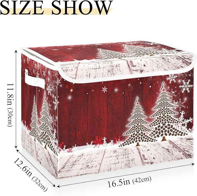 senya Christmas Storage Baskets Collapsible Bins with Lids, Christmas Coffee Tree Red Wooden Storage Boxes Clothes Baskets for Organizing