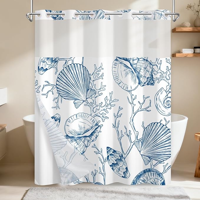 Waterproof Sea Themed Shower Curtain, No-Hook Design with Snap-in Fabric Shower Curtain Liner, Weighted Bottom and Vent Window, Blue Coral Pattern Shower Curtains, 71x74 Inches