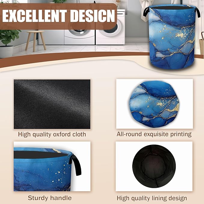 Blue Gold Marble Laundry Basket, Laundry Hamper Waterproof Oxford Cloth Tote Collapsible,Clothes Storage Bucket Decorative Toy Organizer For Bathroom Bedroom 16" x 20.8"