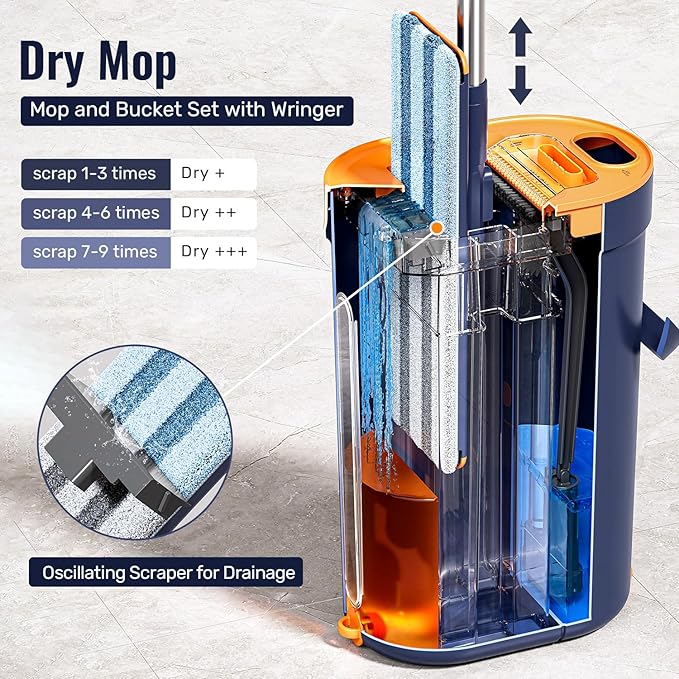 HoMettler Mop and Bucket Set with Wringer, 3-Tank Flat Mop and Bucket System, Wall Mop Cleaner with Long Handle, Hands Free Mops for Floor Cleaning with 4 Microfiber Pads