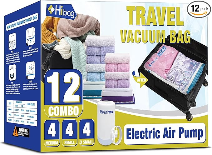 HIBAG Travel Vacuum Bags with Electric Pump for Luggage and Suitcase, Vacuum Seal Compression Packing Bags for Clothes Clothing, Combo 12 Pack