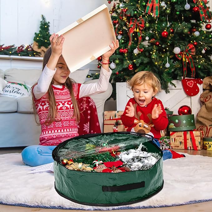 4 Pcs Christmas Wreath Storage Bag, Christmas Garland Storage Container with Clear Window, Zipper & Handle for Xmas Holiday Seasonal Wreath Garland Box(Green,30")