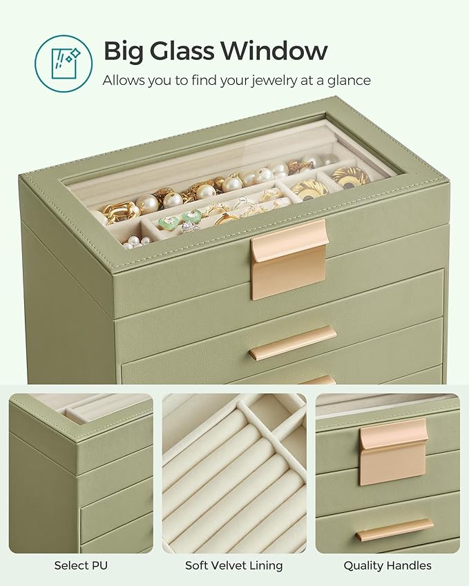 SONGMICS Jewelry Box Organizer with Glass Lid, 4-Layer Jewelry Storage, with 3 Drawers, Modern Style, 6 x 9.9 x 8.5 Inches, Laurel Green and Gold Color UJBC161C02
