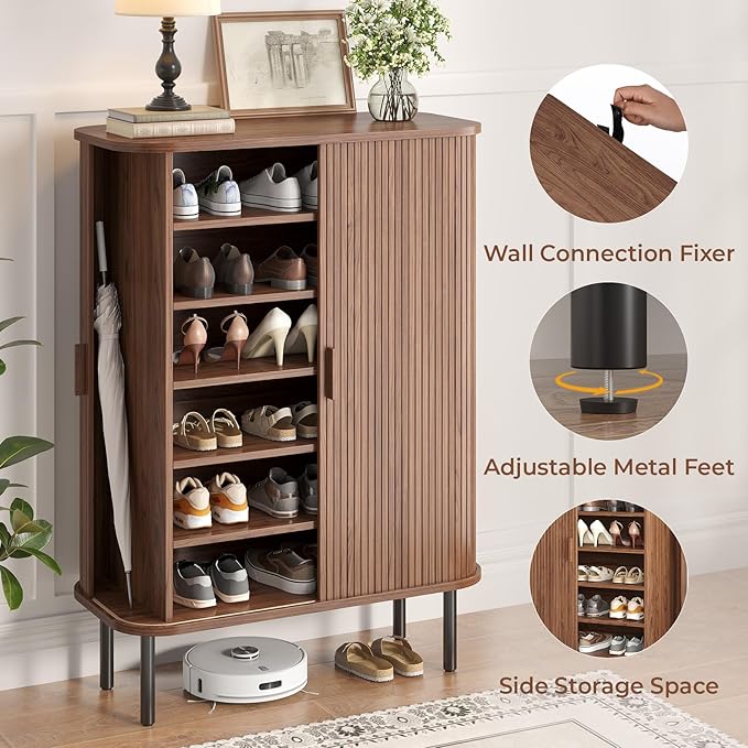Shoe Storage Cabinet with Adjustable Shelves, 6-Tier Mid-Century Modern Shoe Organizer with Sliding Door, Shoe Storage Organizer for Entryway Hallway Living Room, Walnut