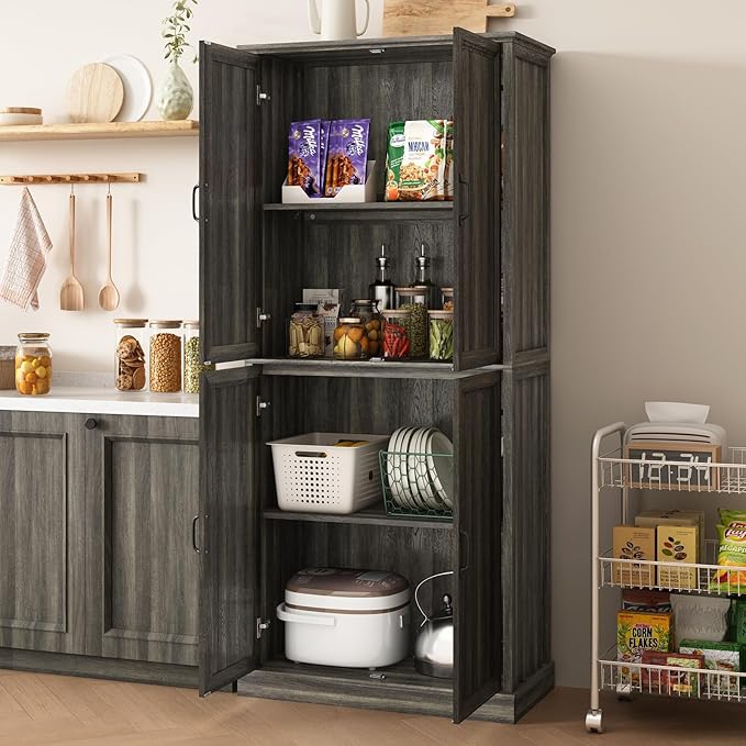 71'' Tall Pantry Cabinet Set of 2, Farmhouse Kitchen Pantry Storage Cabinet with Barn Door and Adjustable Shelves, Rustic Wood Freestanding Cupboard for Kitchen, Dining Room, Grey