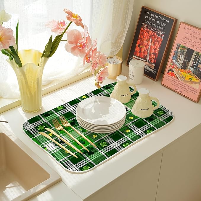 St Patricks Day Dish Drying Mat 18x24 Inch Green Lucky Shamrock Buffalo Plaid Drying Mat Checkered Spring Holiday Absorbent Dish Drying Pad Dish Rack Drainer Mats for Kitchen Dining Counter