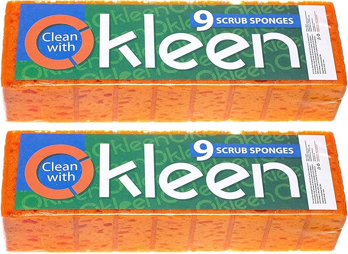 Okleen Orange Multi Use Scrub Sponge. Made in Europe. 18 Pack, 4.3x2.8x1.4 inches. Odorless Heavy Duty and Non Scratch Fiber. Durable and Delicate Scrubber for Oven and Stove, Bathroom and Basement