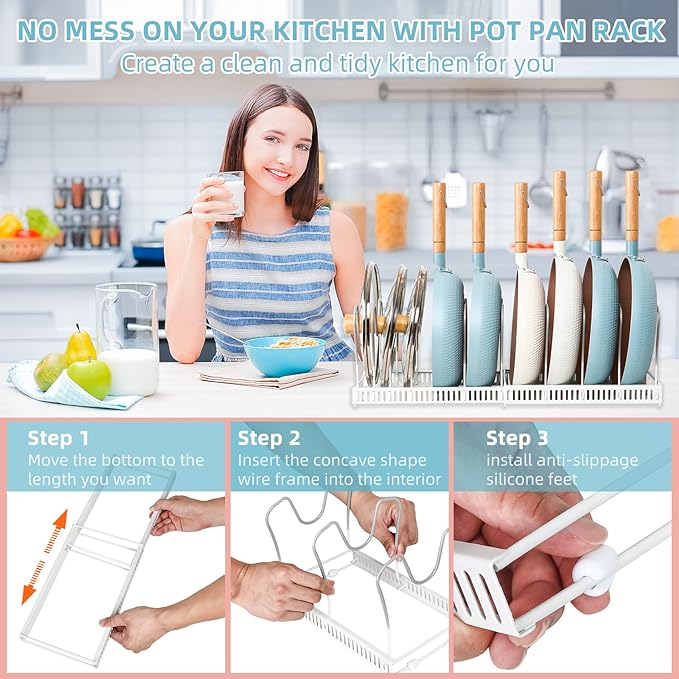 ROOHUA Pot Rack Organizer -Expandable Pot and Pan Organizer for Cabinet,Pot Lid Organizer Holder with 10 Adjustable Compartment for Kitchen Cabinet Cookware Baking Frying Rack