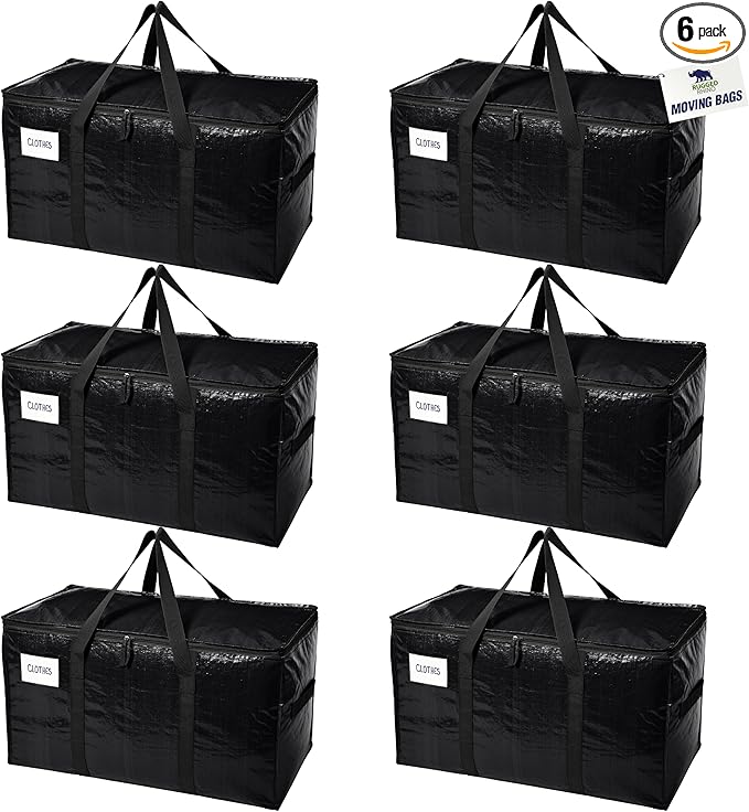 RUGGED RHINO 6 Pack Heavy Duty Extra Large Moving Bags, Durable Bag with Strong Handles and Zipper, Moving Boxes Alternative for College Packing, Holiday Décor, Space Saving Storage with Label, Black