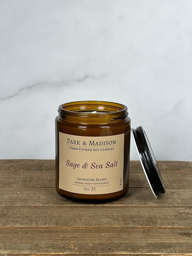 Park & Madison Sea Salt & Vetiver Soy Candle – Refreshing Earthy Scent with Ocean Air, Aquatic Florals & Warm Musk – Eco-Friendly Amber Jar, Non-Toxic, Long-Lasting Scented Candle (8 oz)