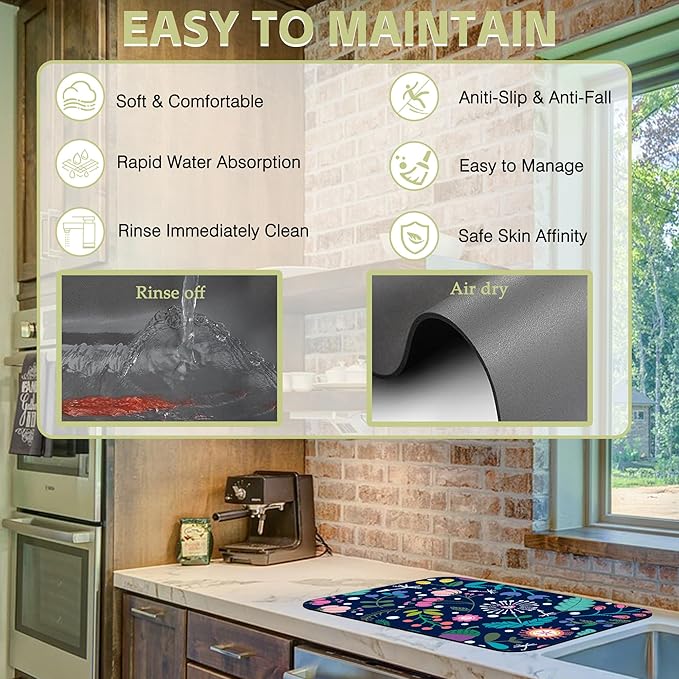 Kitchen Mat Beautiful Floral Dish Drying Mat 16"x24" Bsorbent Coffee Maker Mat for Sink Dishes or Under Rack Kitchen Counter Accessories Absorbent Hide Stain Rubber Backed Dish Drying Pad