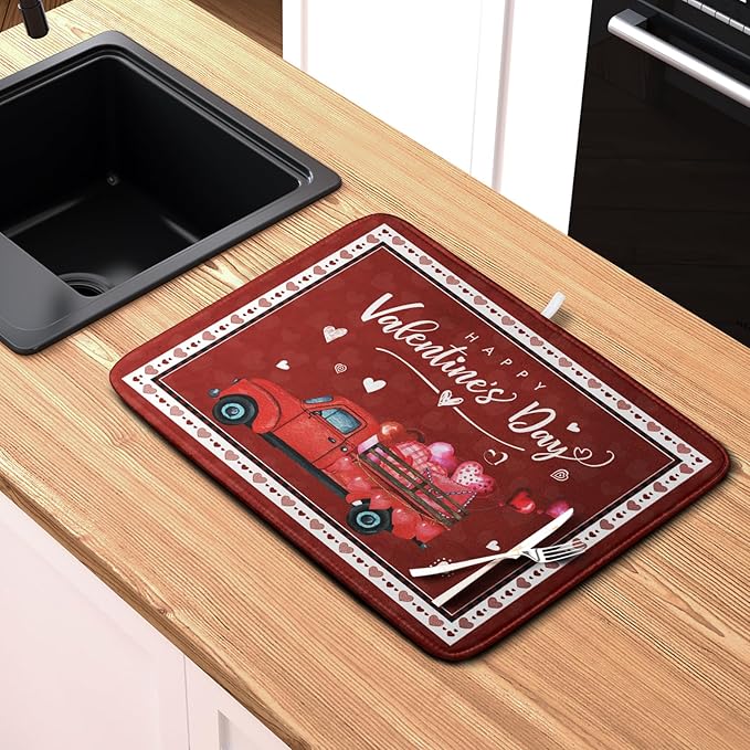 Kwlegh Valentine Red Truck Love Heart Dish Drying Mat 16x18 Inch Happy Valentine's Day Drying Mat for Kitchen Counter Microfiber Dish Drainer Mats Absorbent Dish Rack Pad for Home Coffee Bar Sinks