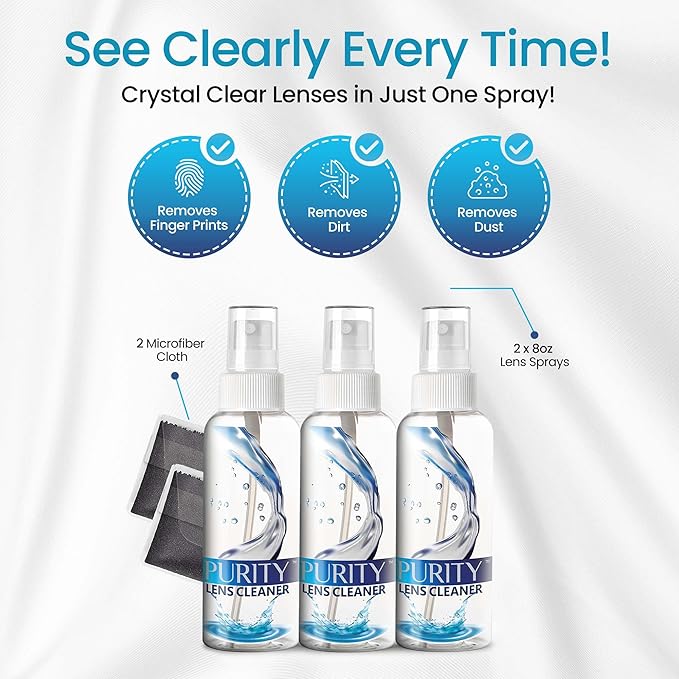 Purity Eyeglass Lens Cleaner Kit - 3 x 2oz Travel Size Lens Cleaner Spray Bottle + 2 Microfiber Cleaning Cloths - Safe for All Lenses (AR Coated Included), Eyeglasses and Screens - Clear