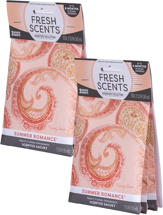 Fresh Scents Scented Sachets | Summer Romance | Home Fragrance | Long Lasting (Up to 6 Months) | Air Freshener for Closets, Drawers, & Cars | 6 Pack