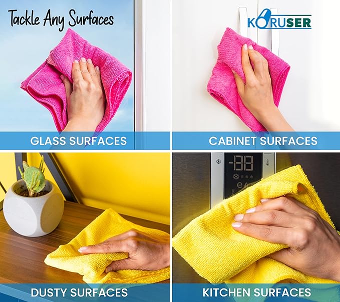 Microfiber Cleaning Cloths - Reusable and Washable - Multi Purpose Indoor/Outdoor Cleaning/Dusting/Polishing on Kitchen/Bathroom/Auto Surfaces (12 Pack/High Grammage)