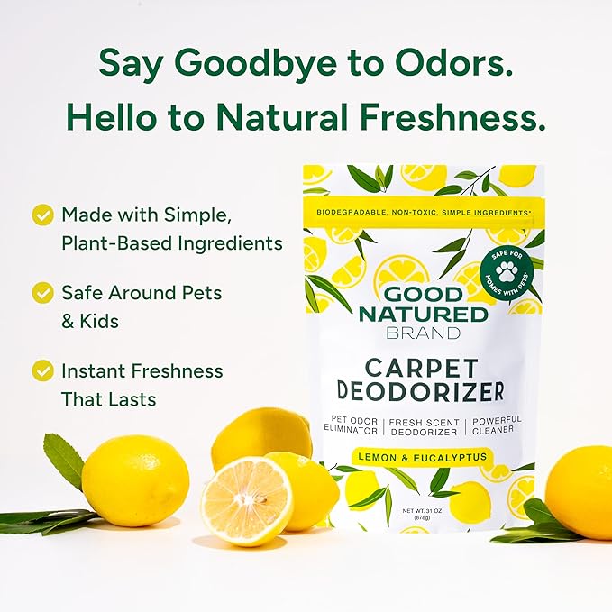 Good Natured Brand | Carpet Deodorizer & Freshener Powder | 31 oz Pet Odor Eliminator for Strong Odor & Pet Urine | Fresh Natural Lemon & Eucalyptus Scent | Safe for Homes with Pets