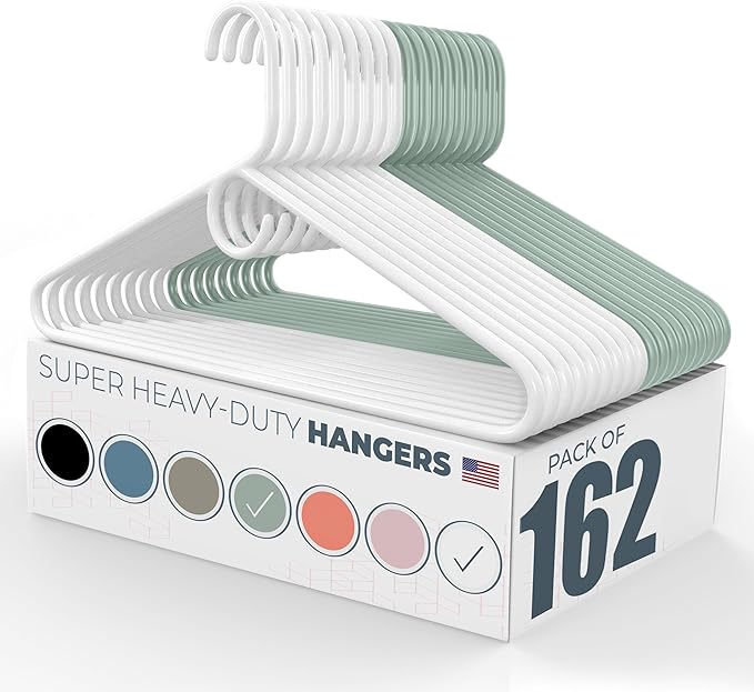 Neaties Super Heavy Duty Clothes Hangers 100+ Pack (162 Count) – Made in The USA - 10lb Capacity, Thick Plastic Hangers for Pants, Coats, Jackets, Jeans and Adult Clothing – White & Mint