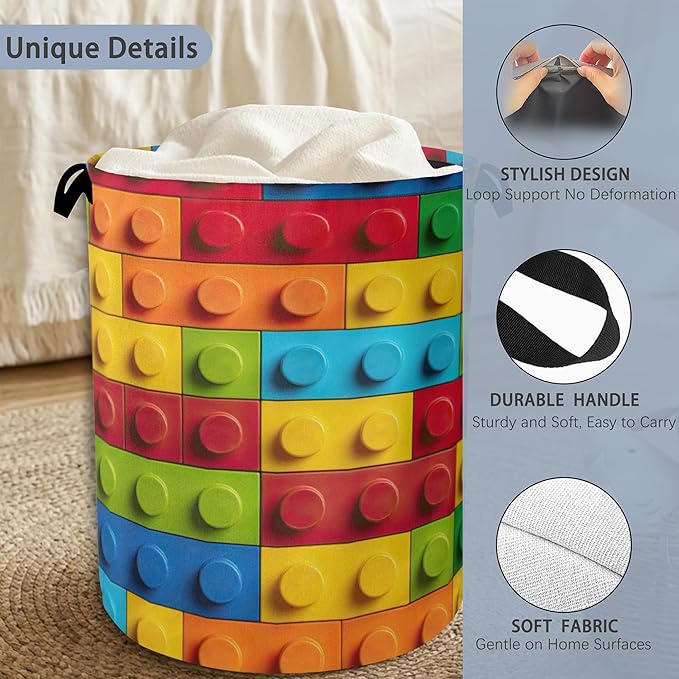Colorful Building Blocks Laundry Hamper,Dirty Clothes Laundry Basket with Handles Waterproof Oxford Cloth Storage Basket for College Dorms Bathroom Bedroom 16" x 20.8"