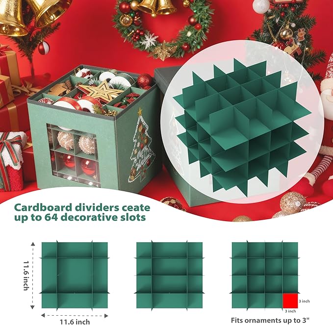 Christmas Ornament Storage Box with Lid - Holds 64 Ornaments, Large Sturdy & Foldable Organizer Case for Holiday Decor 11.8x11.8x11.8 Inch