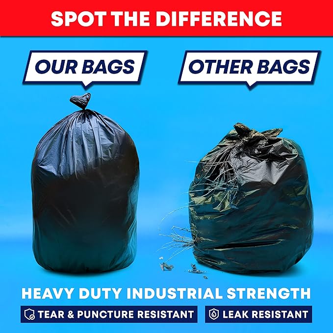 Tasker Contractor Garbage Bags 55 Gallon | Value 50 Trash Bags w/Ties | Extra Large Industrial Trash Bags 55 Gallon, Lawn and Leaf Bags, Extra Large Outdoor Contractor Trash Can Liners, 50-60 Gallon