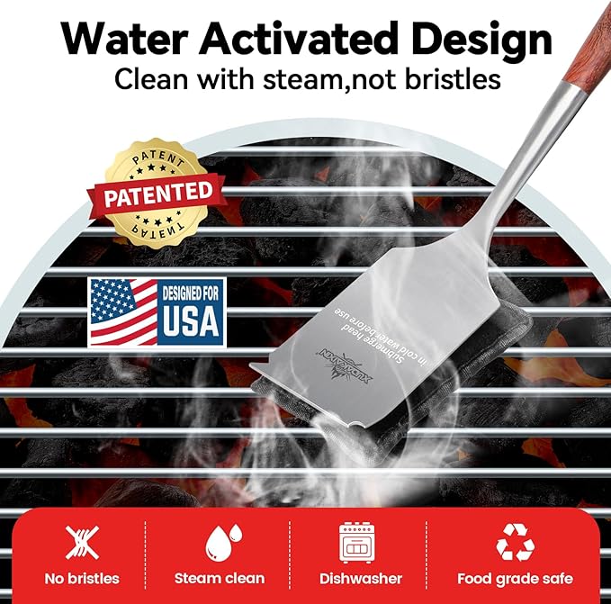 XUDAKAIXIN Bristle-Free Steam Cleaning Grill Brush,with Extended Luxurious Rosewood Handle and 1 Replacement Head,BBQ Grill Cleaning Brush Kit,Safe Grill Cleaner for Outdoor Grill,Gifts for Men/Dad