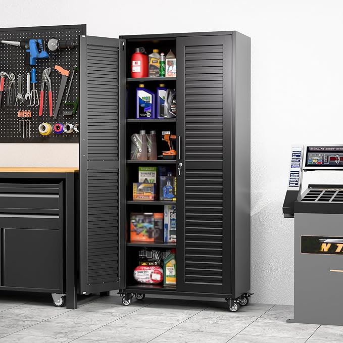 Garage Storage Cabinet with Wheels & Pegboard, Lockable Metal Storage Cabinet with Doors and 5 Adjustable Shelves for Garage, Home, Assembly Required, Black, 70.87" H x 31.5" W x 15.75" D