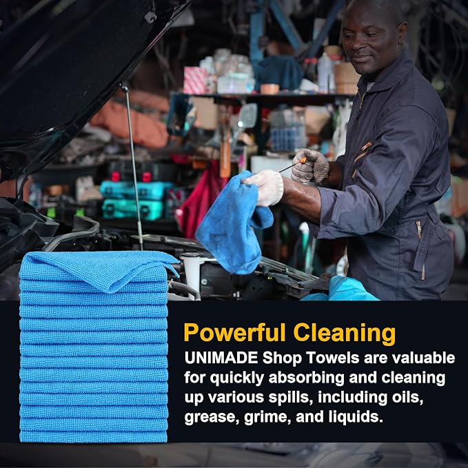 UNIMADE Shop Towels Rags, 150 Pack Reusable Shop Rags Bulk Microfiber Cleaning Cloth Lint Free Cleaning Towels for Car Kitchen Automotive Bar Mechanic Restaurant Garage, 11.5"x 11.5", Blue