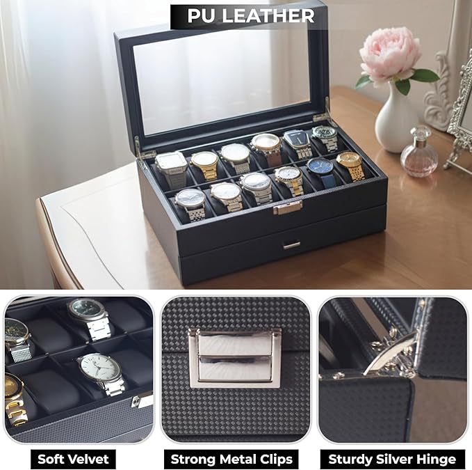 12-Slot Watch Box in PU Leather with Valet Drawer, 2-Tier Luxury Watch Case Display Organizer for Men Women, Sunglass Holder & Mens Jewelry Box With Glass Top, Ideal Gift for Watch Storage (Carbon)