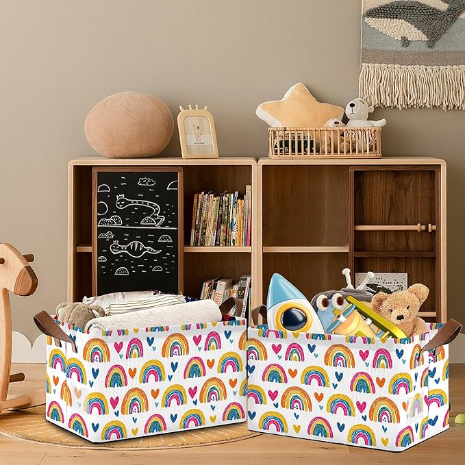 Rainbow Storage Baskets,Heart Foldable Organizer Bin with Handles for Home Living Room Bedroom Closet Box 17x11.5x10Inch