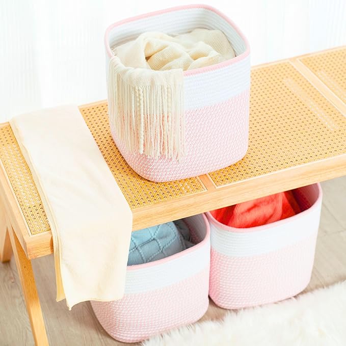 MINTWOOD Design 3-Pack 11x11 Inch Cube Storage Bin, Woven Storage Cube Organizer, Closet Organizer, Cute Square Storage Bins, Decorative Classroom Bathroom Pantry and Shelf Baskets, Light Pink