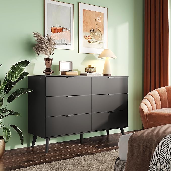 WLIVE Black Dresser for Bedroom, 47'' Wide 6 Drawer Wooden Chest of Drawers, Modern Dresser Storage Organizer, TV Stand for 55 inch TV, for Living Room, Hallway, Closet