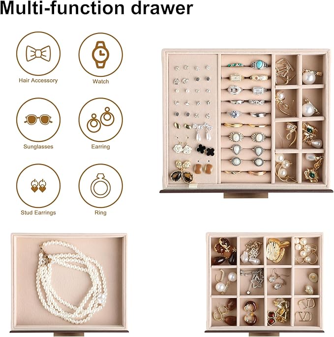 Frebeauty Clear Lid Jewelry Box,3-Layer Jewelry Organizer with Drawer,PU Leather Jewelry Organizers and Storage,Jewelry Boxes for Women,Jewelry Storage for Rings Earring Stud,Gift for Women(Brown)