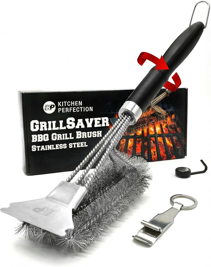 KITCHEN PERFECTION GrillSaver - Safe BBQ Grill Brush with Replaceable Cleaning Head - Heavy-Duty Grill Cleaner with Scraper, Magnetic Hanger, Bottle Opener -Powerful Cleaning Tool for All Grill Grates