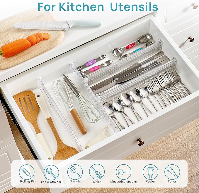 Vtopmart 12 Pack 2.36" Short Upgrade Drawer Dividers for Kitchen Drawer, 12.8"-22.3" Expandable Kitchen Drawer Organizer, Clear Plastic Organizer Separator for Flatware, Utensil, Cutlery, Underwear