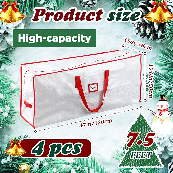 Amylove 4 Pcs Large Christmas Tree Storage Bags Heavy Duty Xmas Zippered Bags Bulk Waterproof Plastic Christmas Tree Container with Carry Handles(7.5 ft,White)